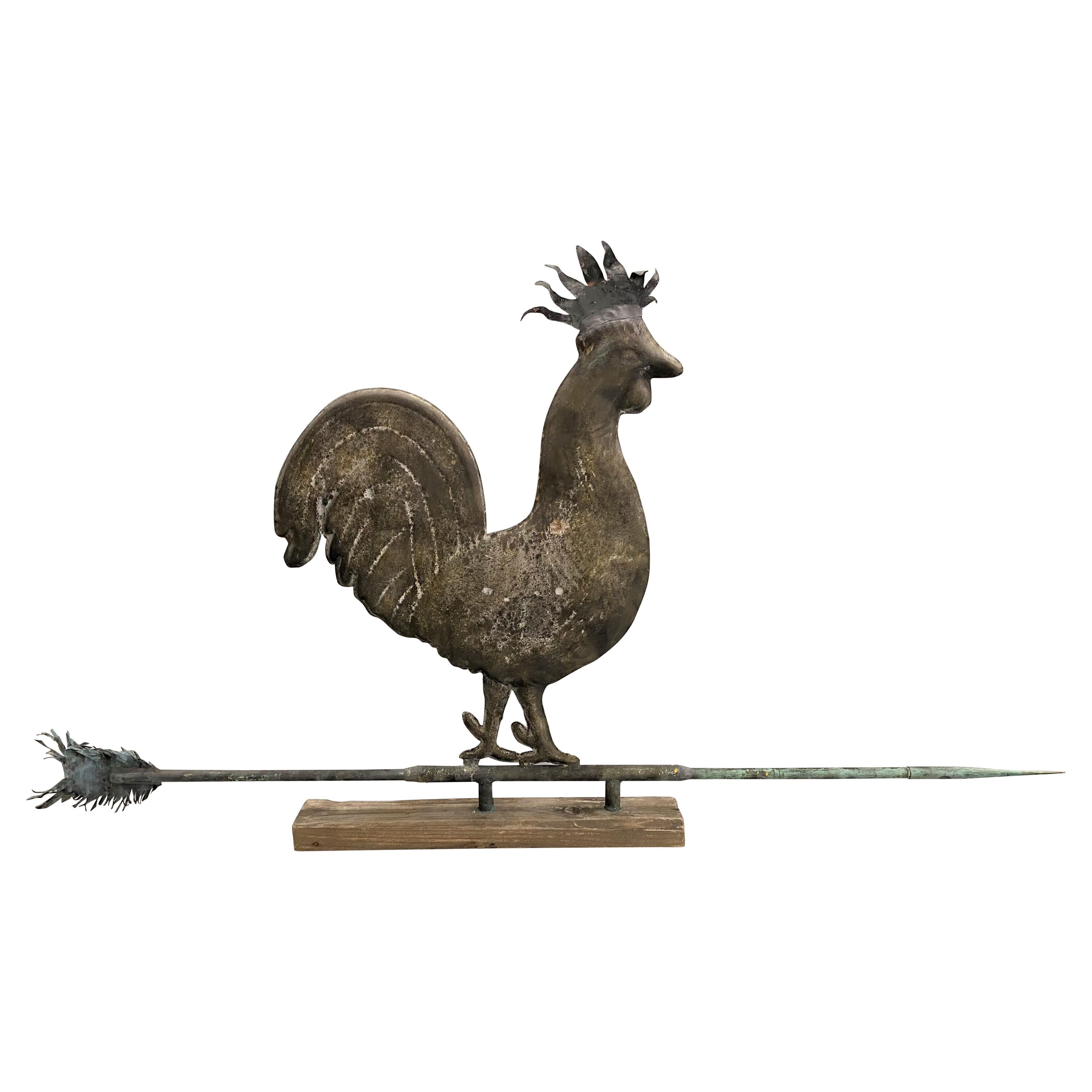 19th Century Molded Copper Hollow Body Rooster Weathervane on Directional Arrow