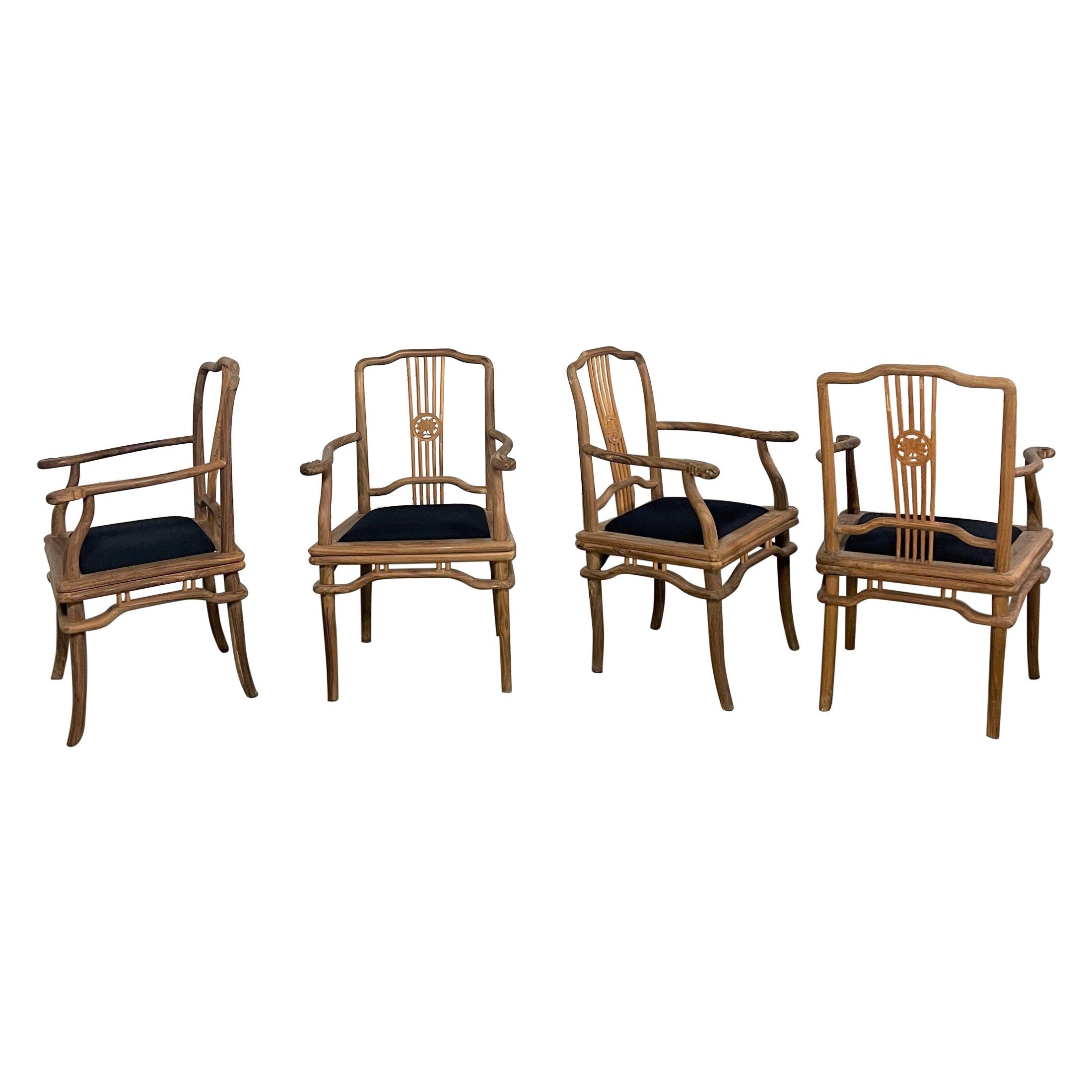 Late 20th Ming Style Indonesian Dining Armed Chairs Natural Teak w/ Black Seats For Sale