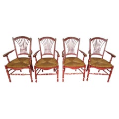 Set of 4 Vintage French Country Red Painted Dining Chairs with Rush Seats