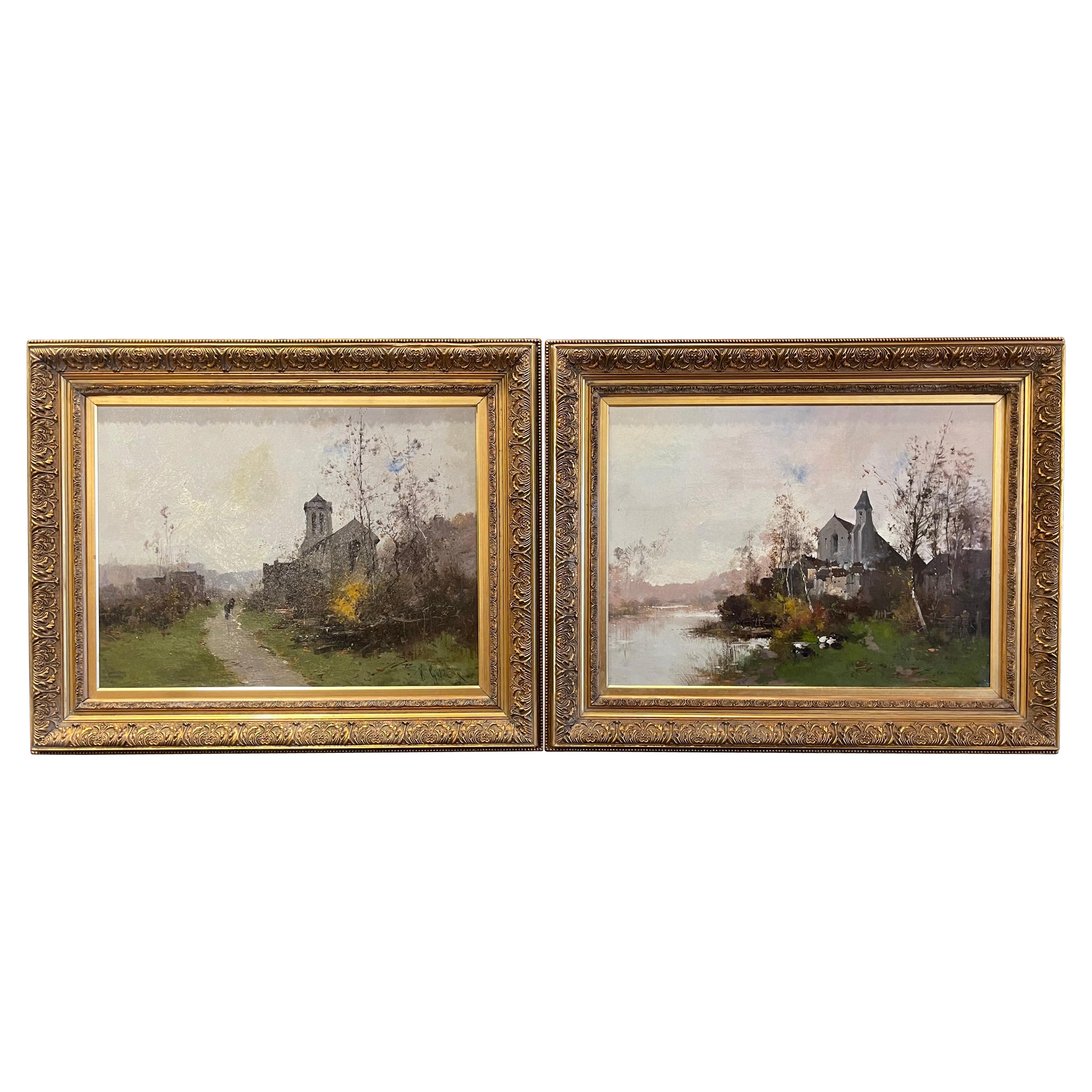  Pair 19th Century Framed Oil Painting Signed E. Kermanguy for E. Galien-Laloue