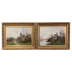  Paire de peintures à l'huile encadrées du 19ème siècle signées E. Kermanguy pour E. Galien-Laloue