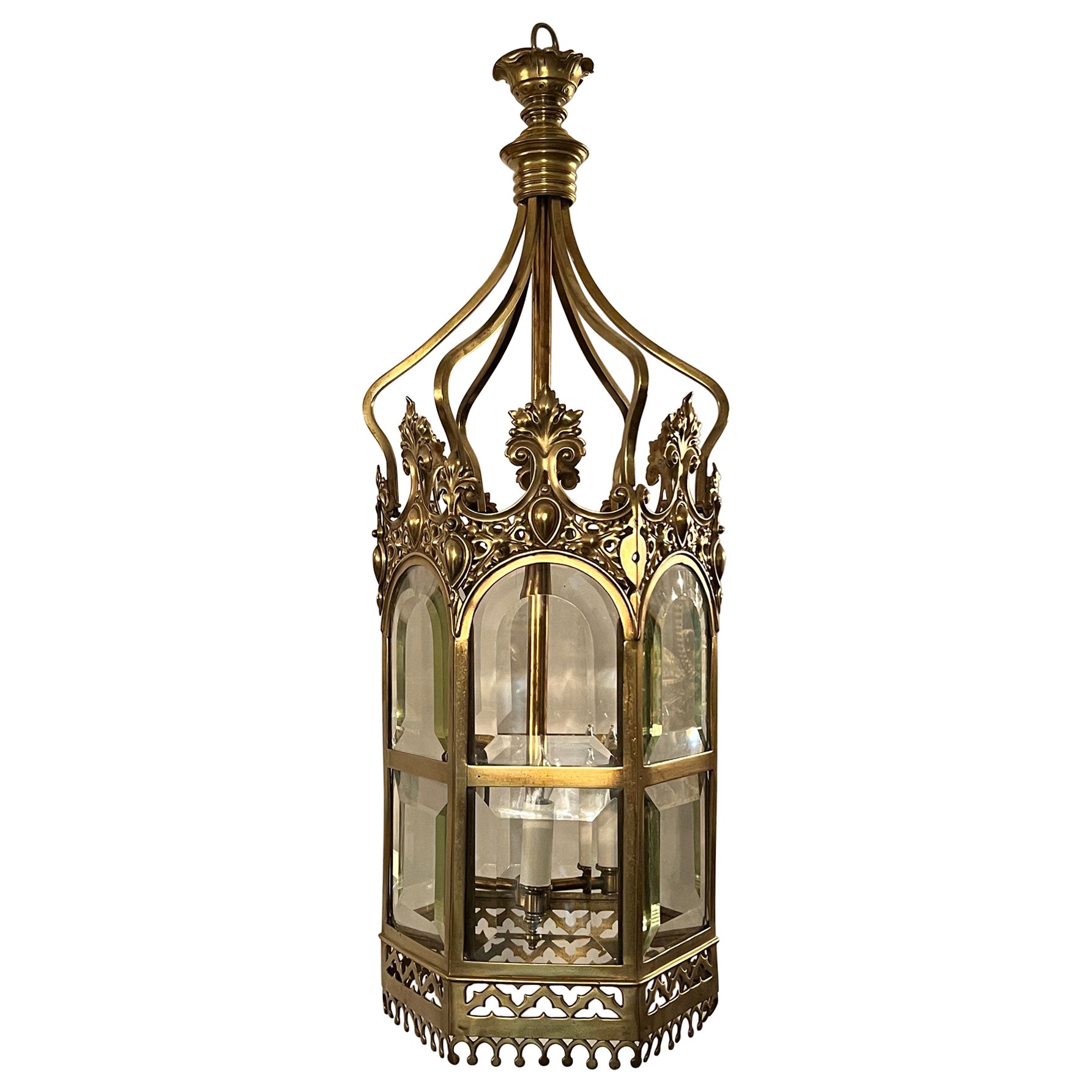 Antique 19th Century English Brass Beveled Glass Lantern  For Sale