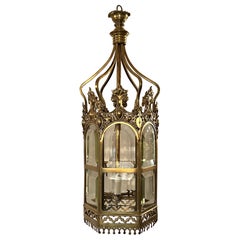 Antique 19th Century English Brass Beveled Glass Lantern 