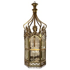 Antique 19th Century English Brass Beveled Glass Lantern