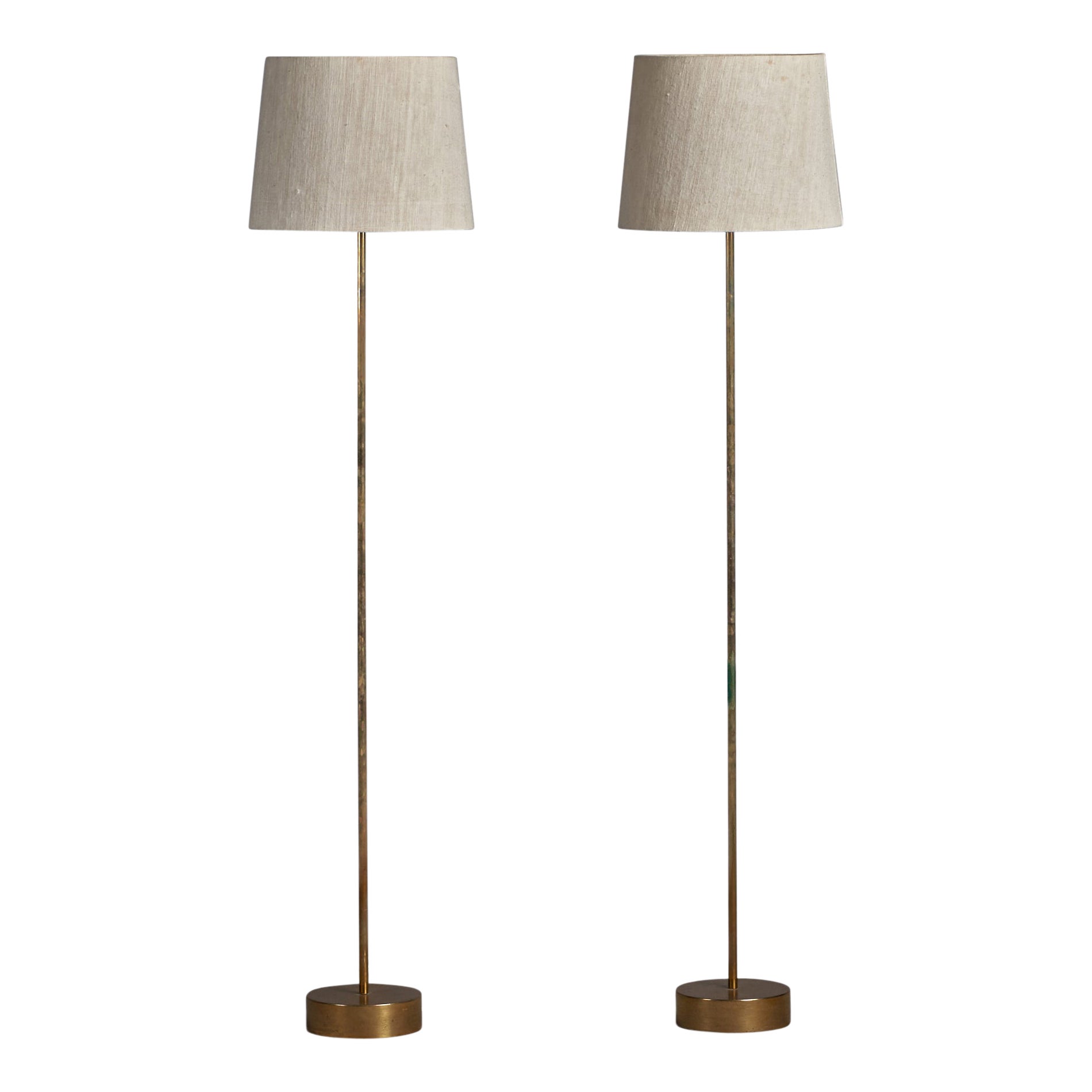 Swedish Designer, Floor Lamps, Brass, Fabric, Sweden, 1950s