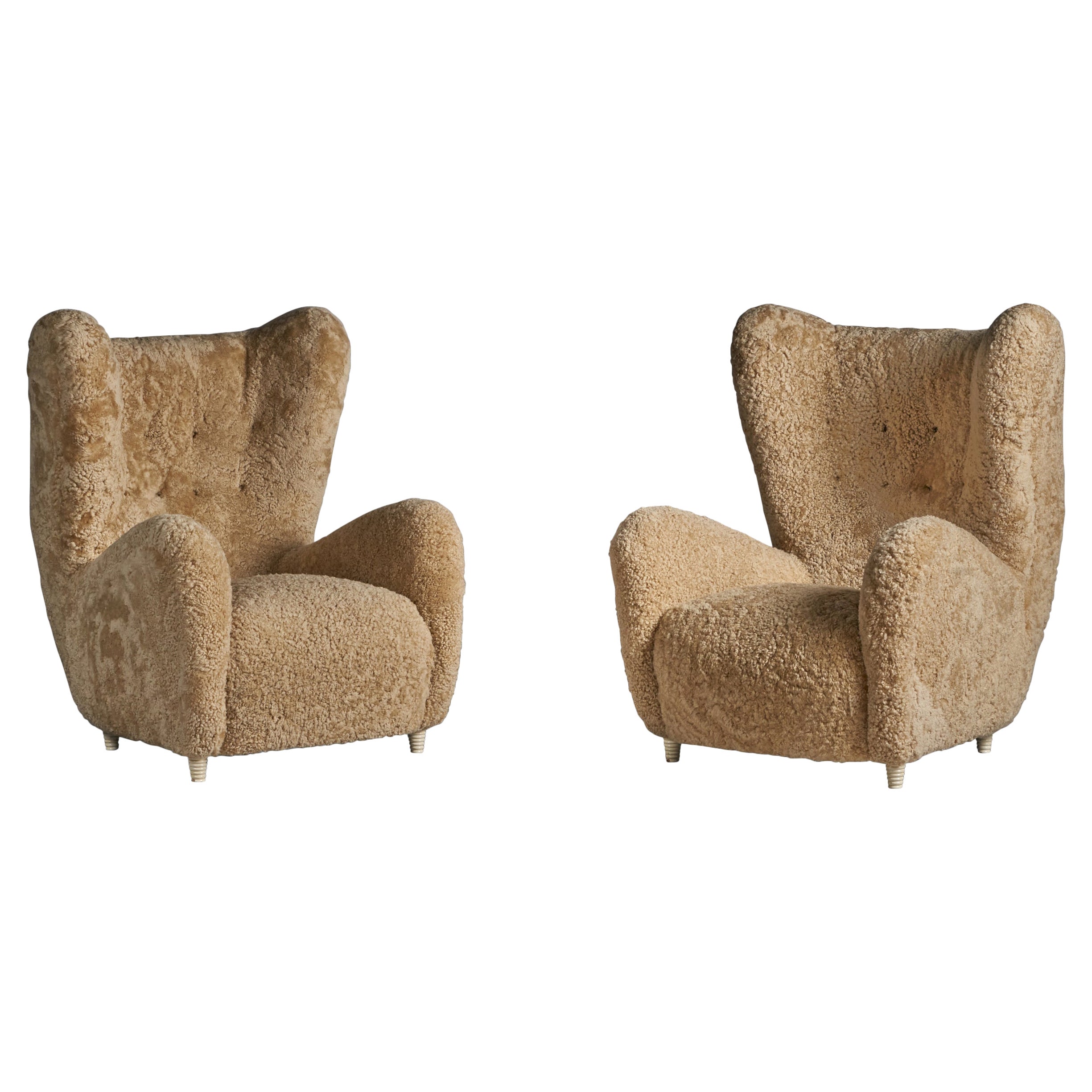 Emilio Sarrachi, Sizeable Lounge Chairs, Shearling, Wood, Italy, 1940s For Sale