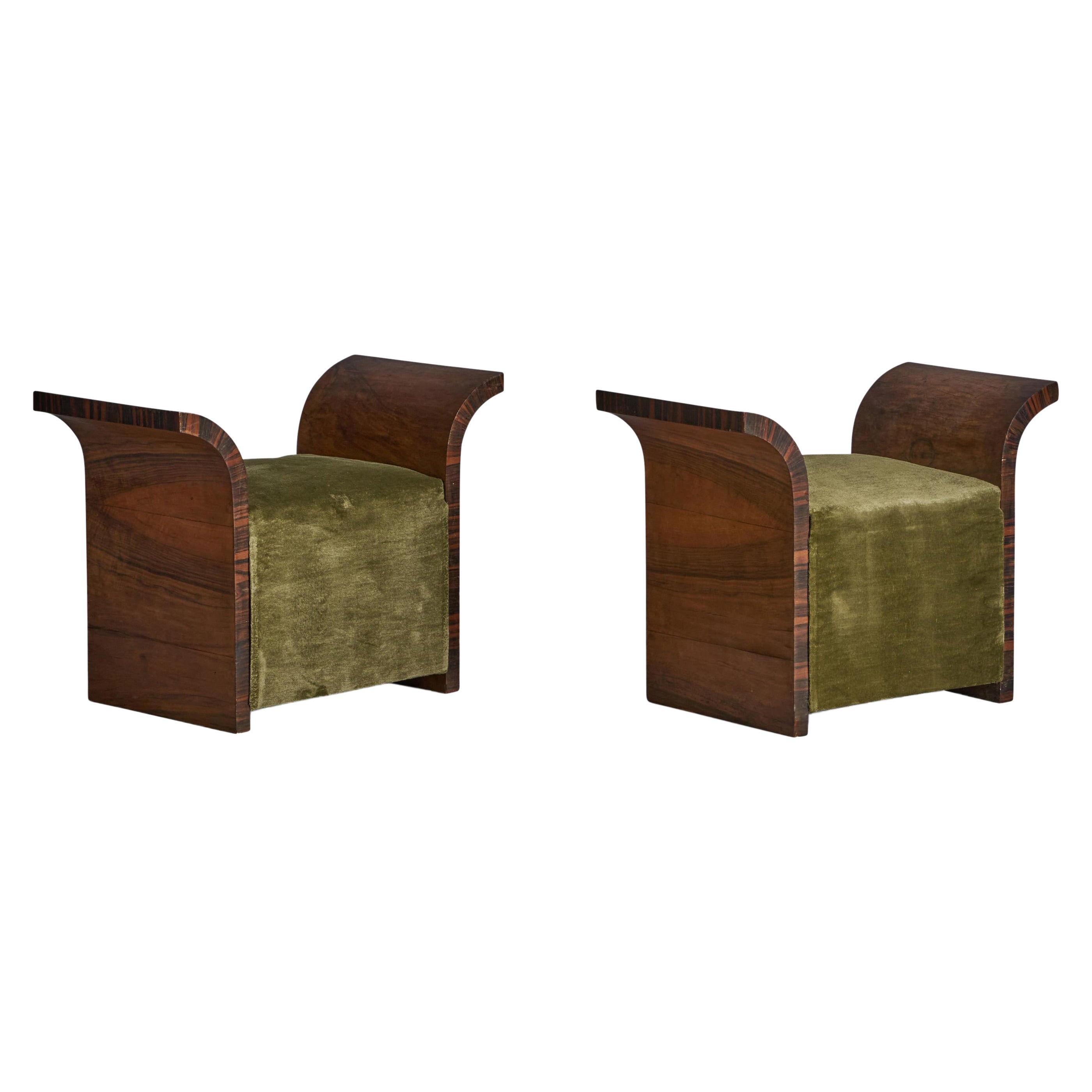 Italian Designer, Stools, Rosewood, Velvet, Italy, 1930s For Sale