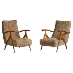 Antonio Gorgone, Lounge Chairs, Wood, Shearling, Italy, 1950s