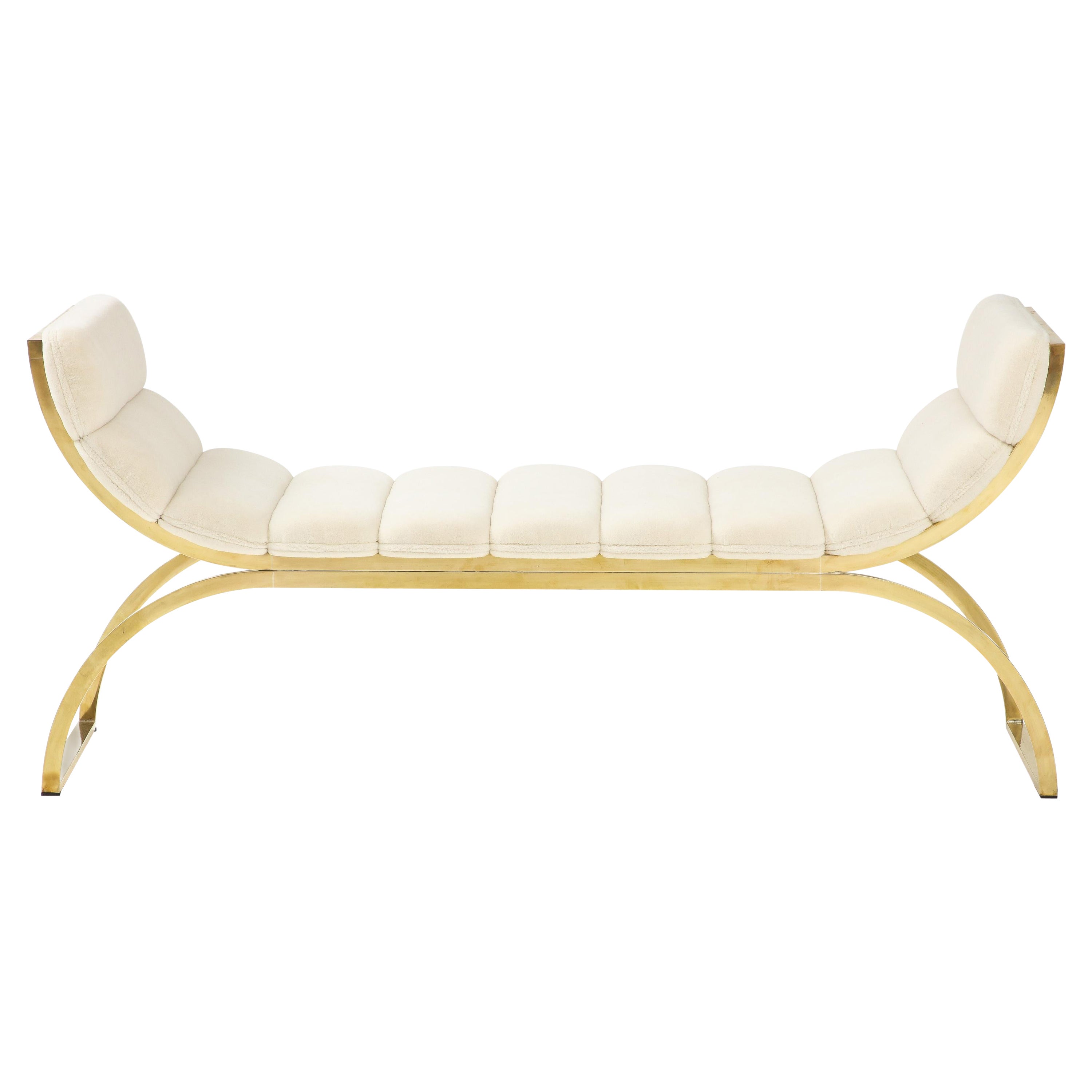 Bespoke Curved Polished Brass U-Shaped Bench with Ivory Boucle, Italy, 65" long For Sale