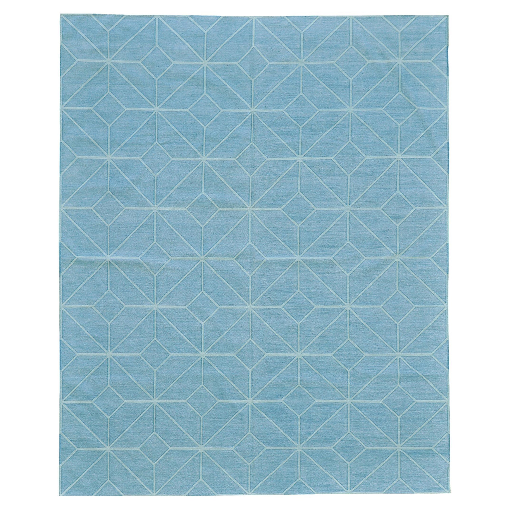 Contemporary Flat-Weave Rug Cielo Collection Diamante Turquoise For Sale