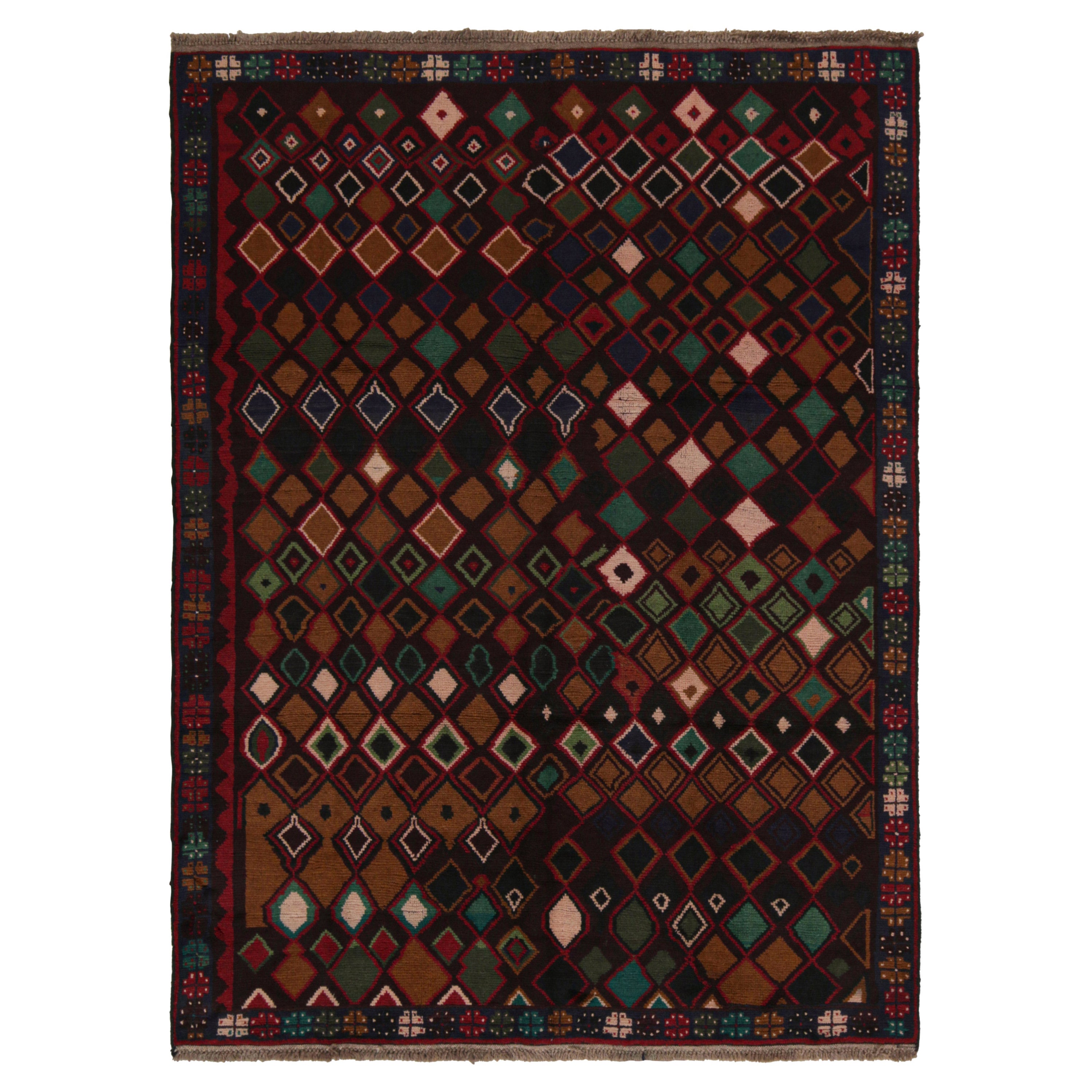 Rug & Kilim’s Baluch Tribal Rug in Burgundy with Colorful Diamond Patterns For Sale