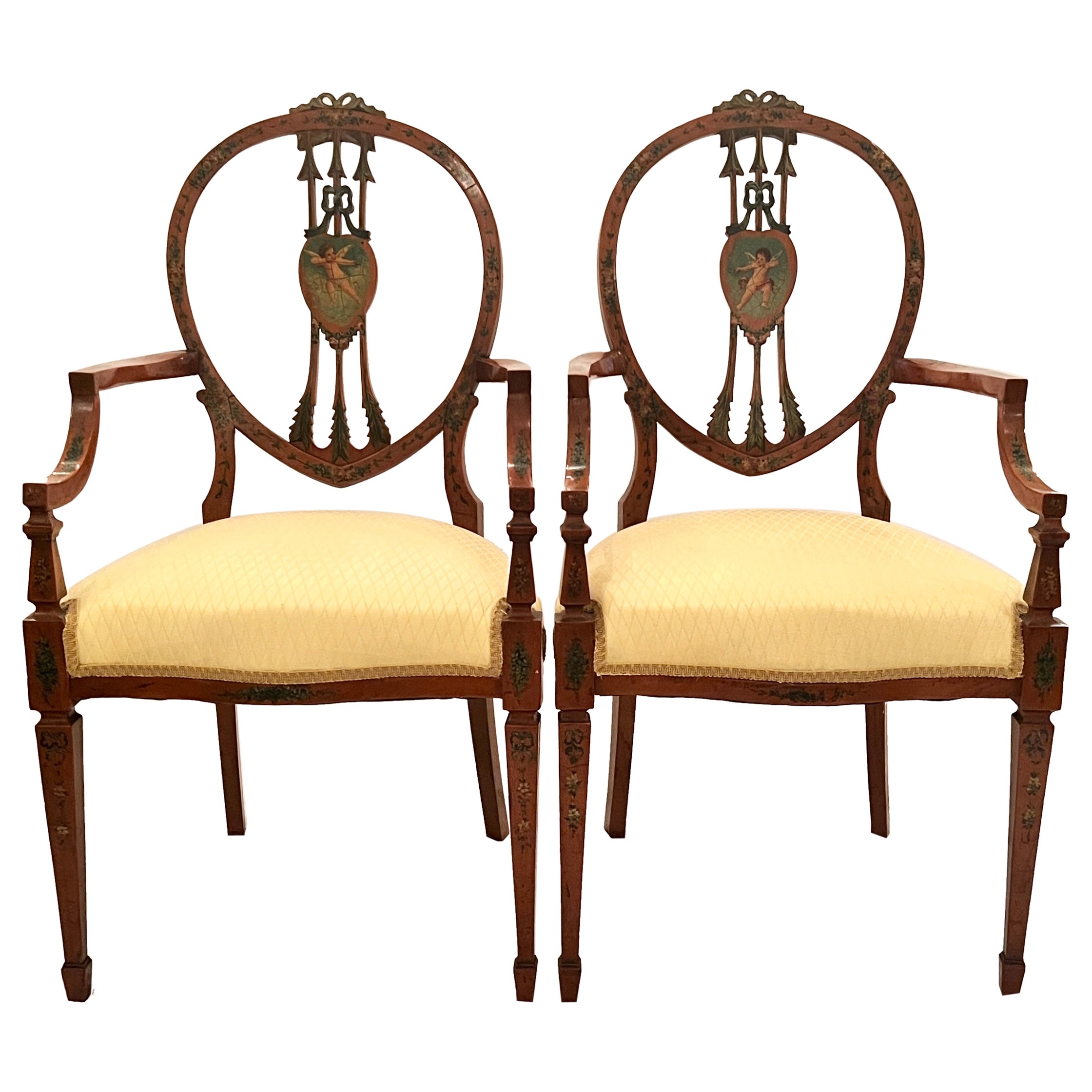Pair Antique English Satinwood Arm-Chairs 1890-1910 For Sale