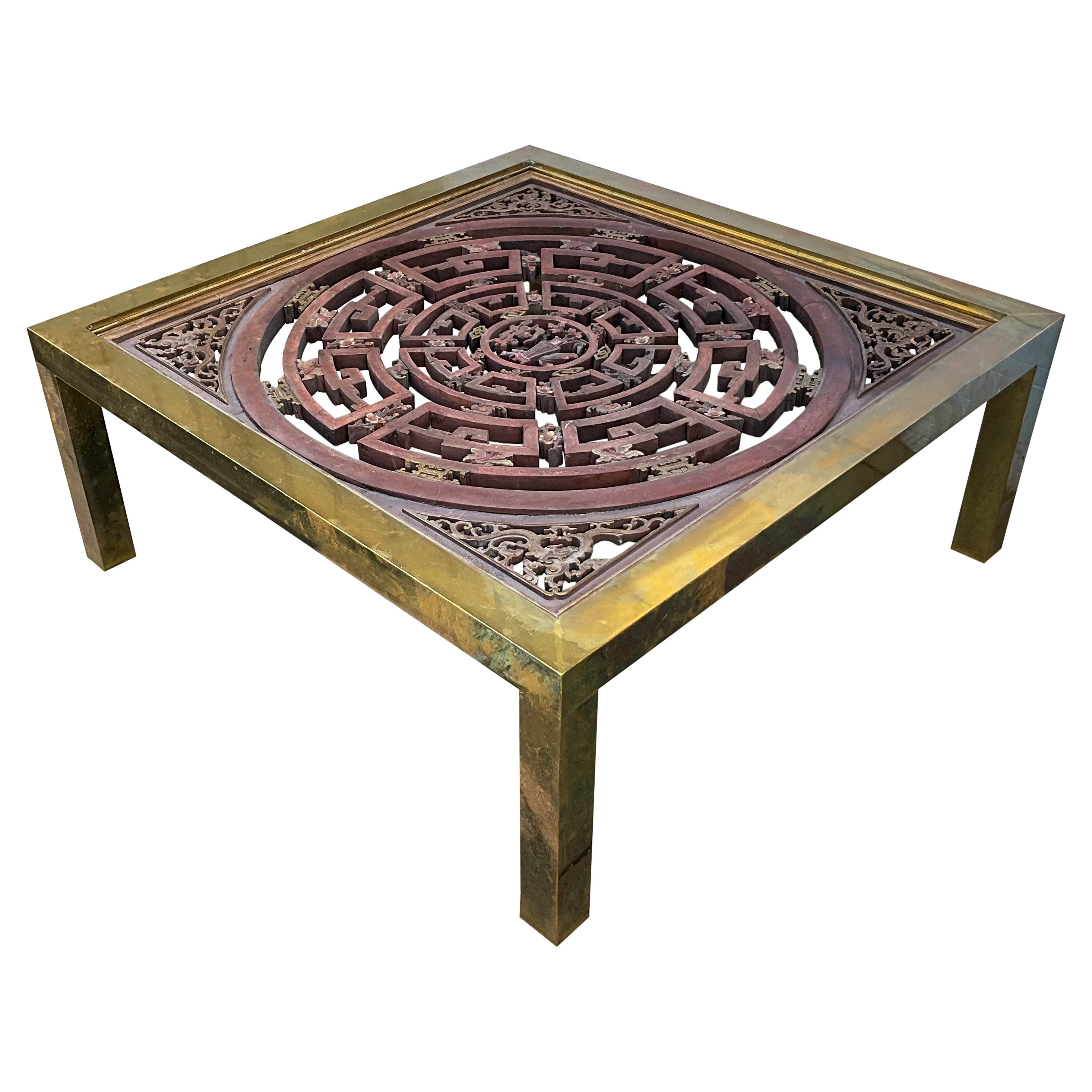 Mid-Century Modern James Mont Asian Style Brass And Carved Wood Coffee Table For Sale
