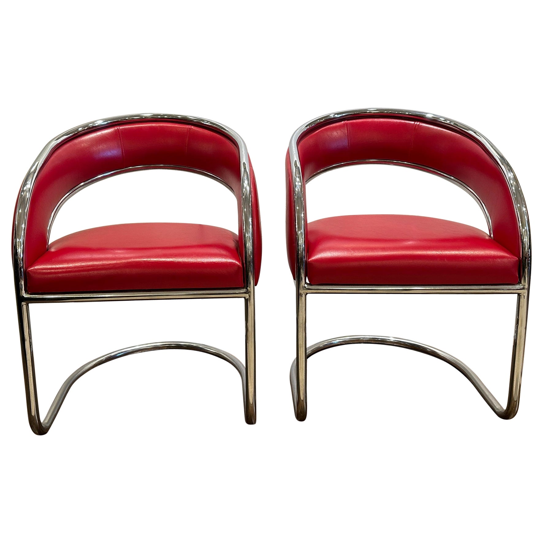 Mid Century Modern Red Leather Lounge Chairs, Pair