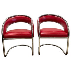 Vintage Mid Century Red Leather and Chrome Chairs, Pair