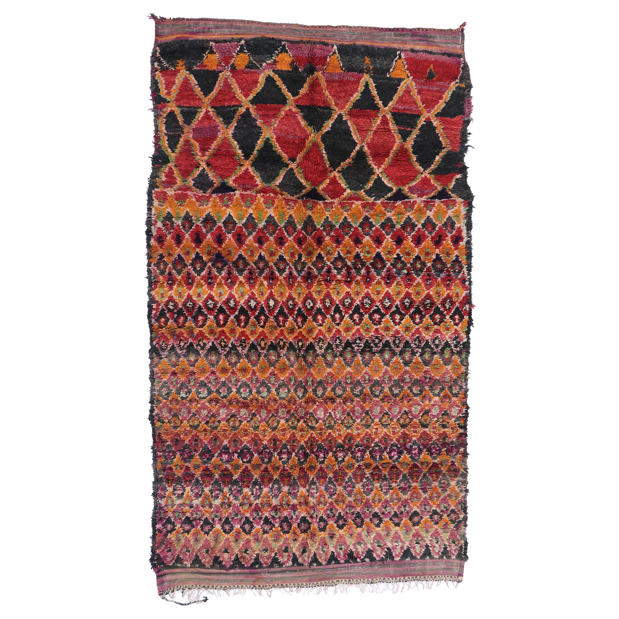 Vintage Berber Moroccan Rug, Colorfully Curated Meets Boho Chic For Sale