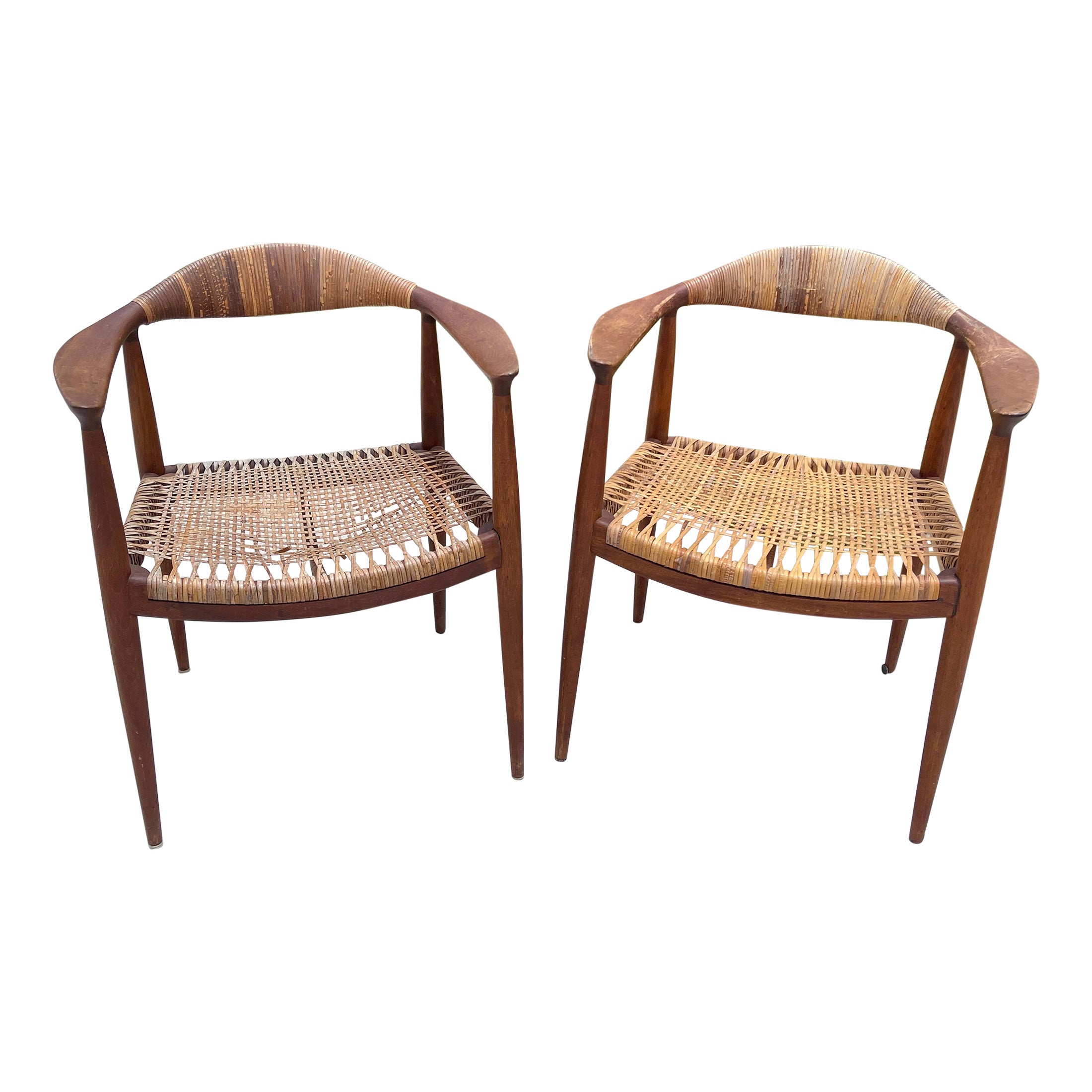Hans Wegner “The Chair” Early Example Teak, Cane Armchairs, a Pair For Sale