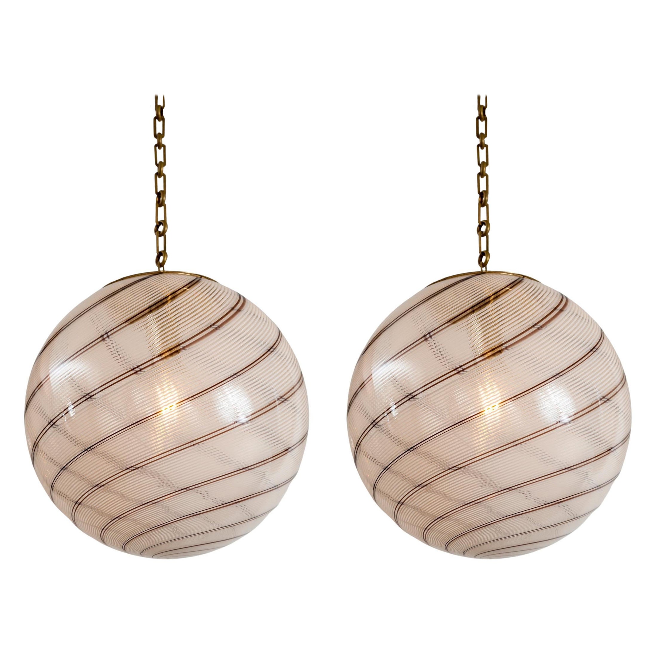 Pair Of 20th Century Large Swirl Globe Shaped Pendants In The Style Of Venini