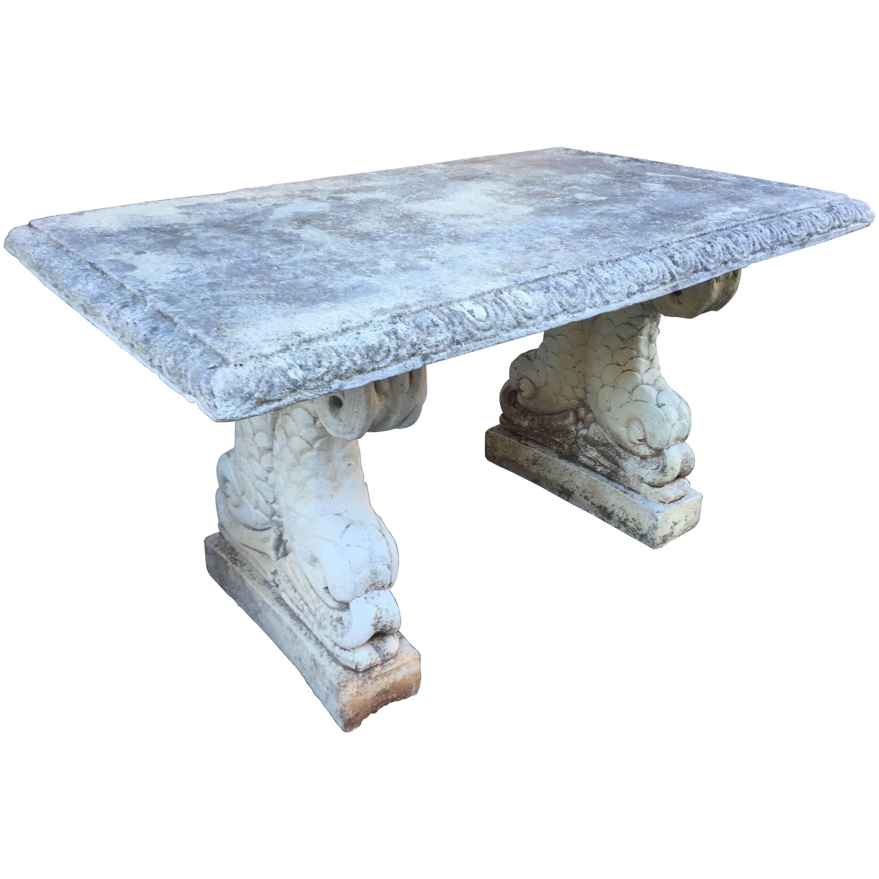 19th Century Cast Stone Italian Garden Table with Dolphin Bases
