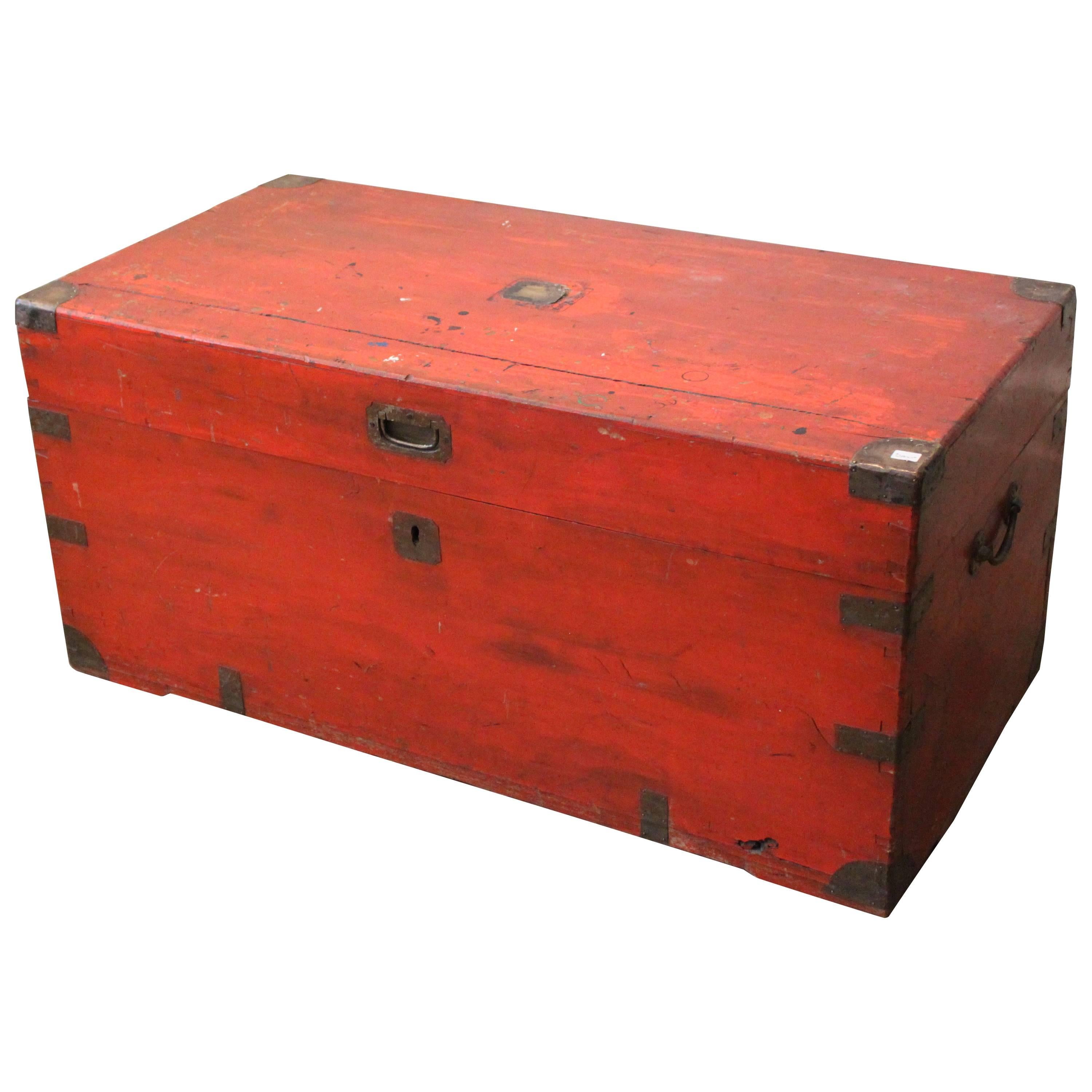 English Camphor Shipping Trunk in Orange Paint, Late 19th Century