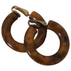 Vintage Marbled Amber Swirl Bakelite Clip On Hoop Earrings Faux Tortoise Shell