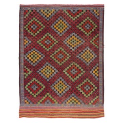 Retro 5.8x11 Ft Anatolian Jijim Kilim with Checkered Diamonds Design, Colorful Rug