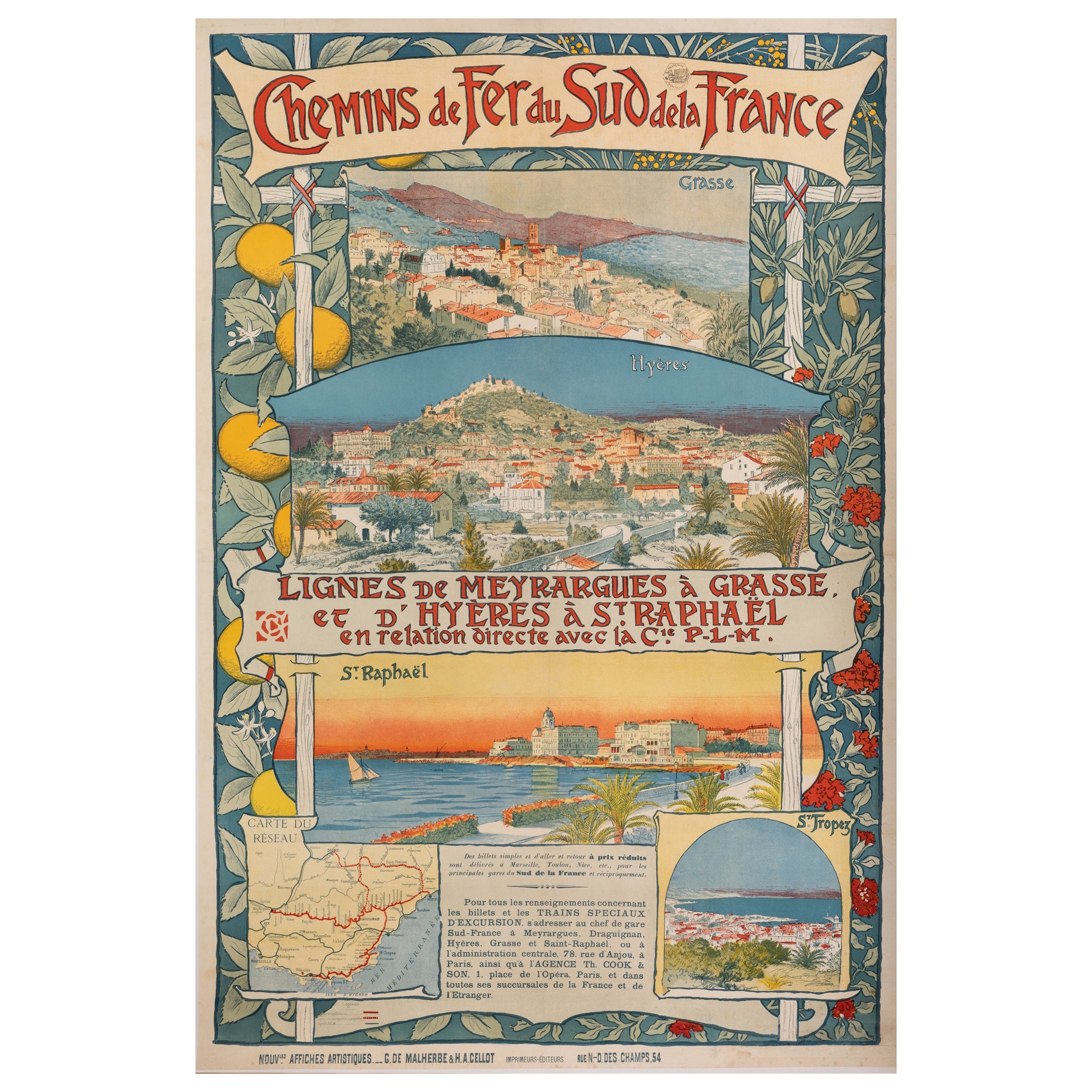 Affiche d'origine Art Nouveau, Riviera Railway, St Tropez/Raphael, Grasse, 1890 en vente