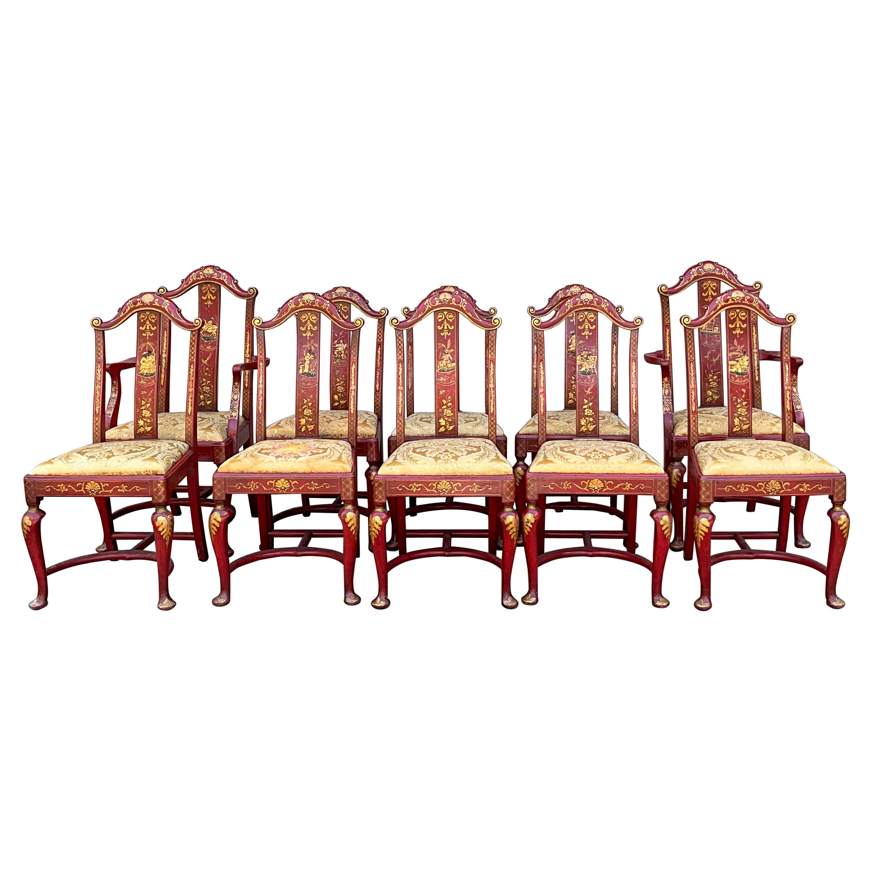 Early English Queen Anne Style Red & Gilt Chinoiserie Dining Chairs -S/10 For Sale