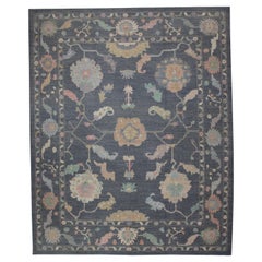 Charcoal Colorful Floral Design Handwoven Wool Turkish Oushak Rug 12' X 15'
