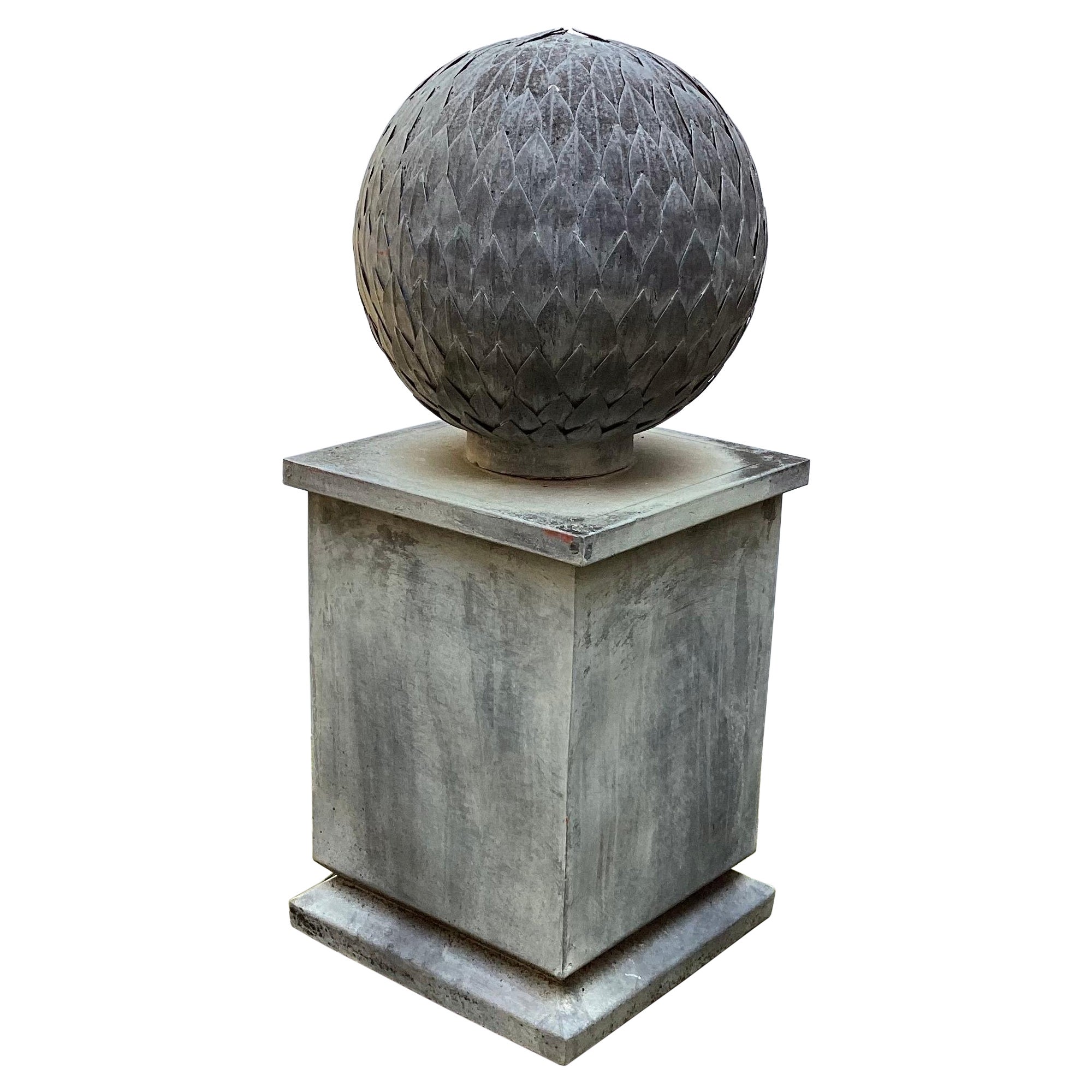 Mid 20th Century Weathered Zinc Orb on Square Base 