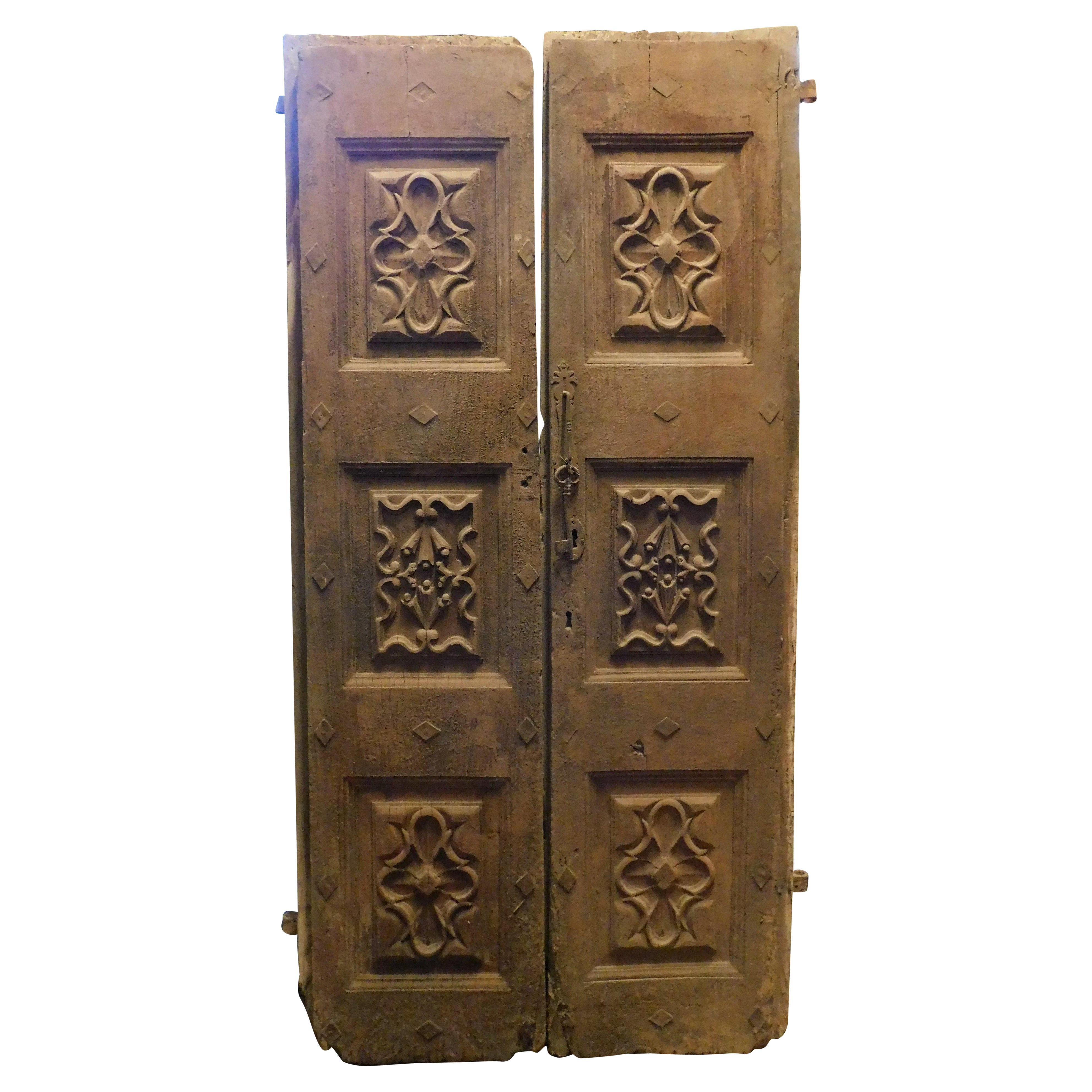 Richly carved solid walnut entrance double door, Italy For Sale