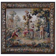 Antique Aubusson tapestry 19th century petanque game scene - N° 1332