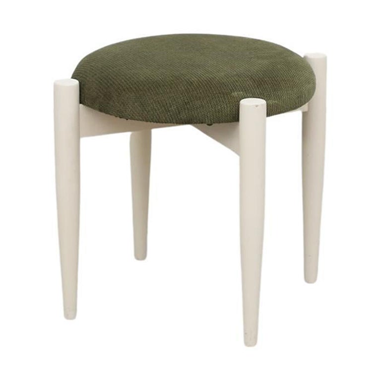 Mid-Century Danish Stool with Green Upholstered Seat and White Lacquered Frame