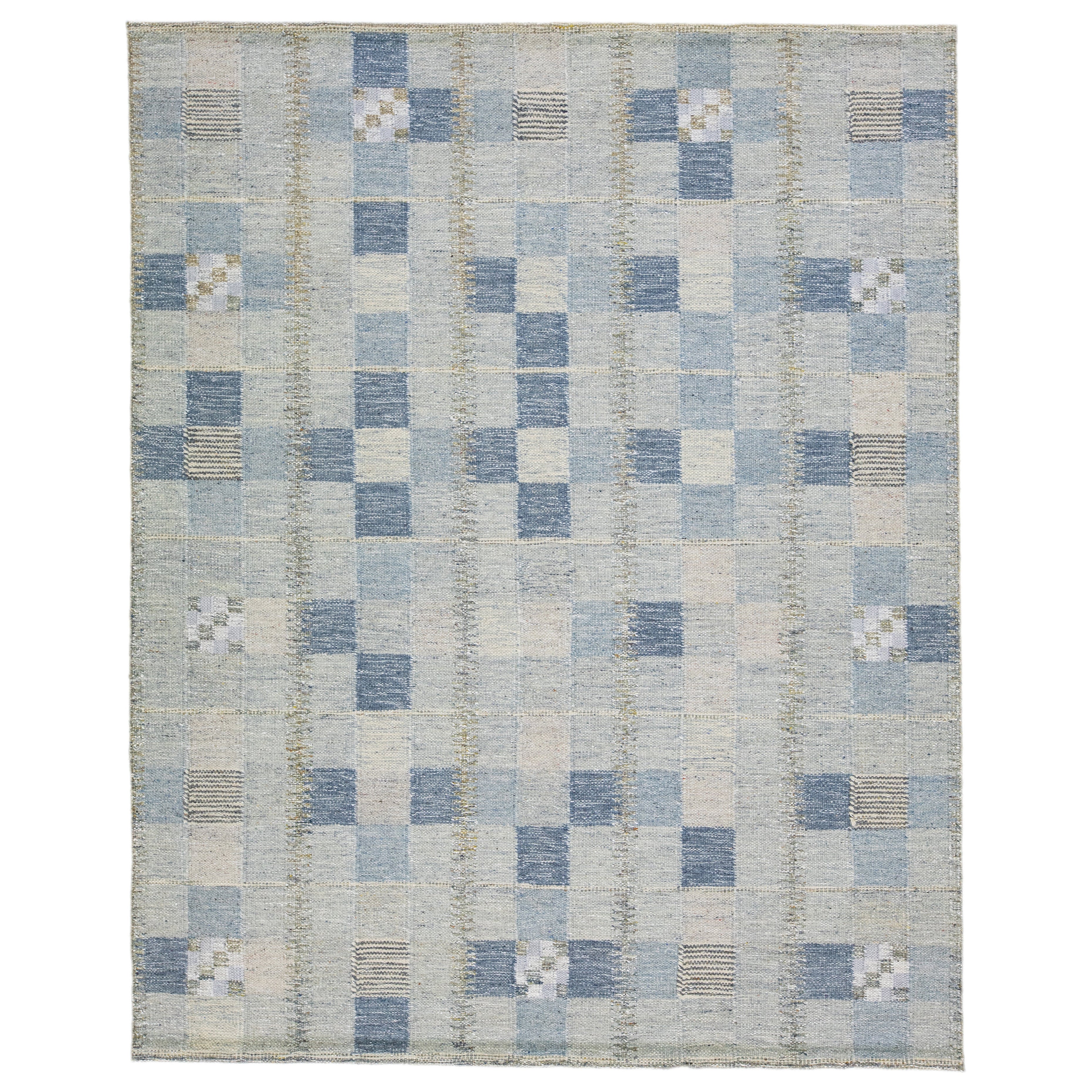 Geometric Modern Swedish Style Wool Rug In Gray And Blue  For Sale