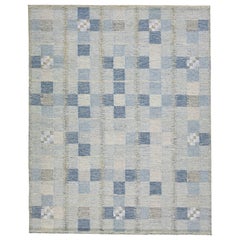 Alfombra Geométrica Moderna De Lana Estilo Sueco En Gris Y Azul