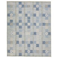 Geometric Modern Swedish Style Wool Rug In Gray And Blue 