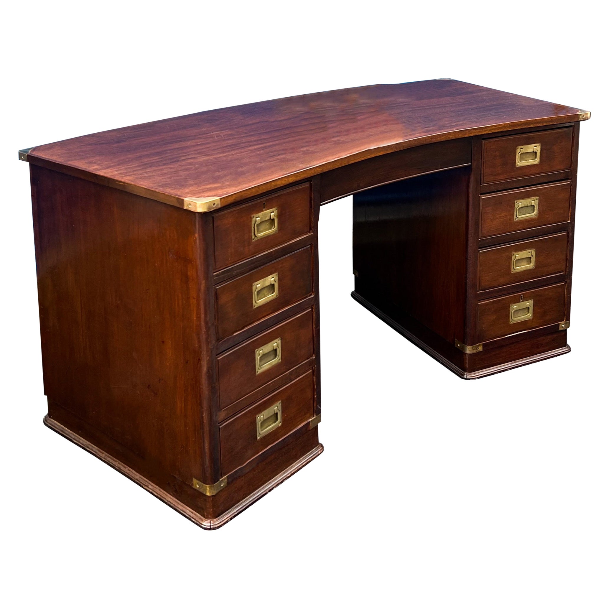 1950s English Campaign Style Mahogany & Brass Demilune Form Desk  For Sale