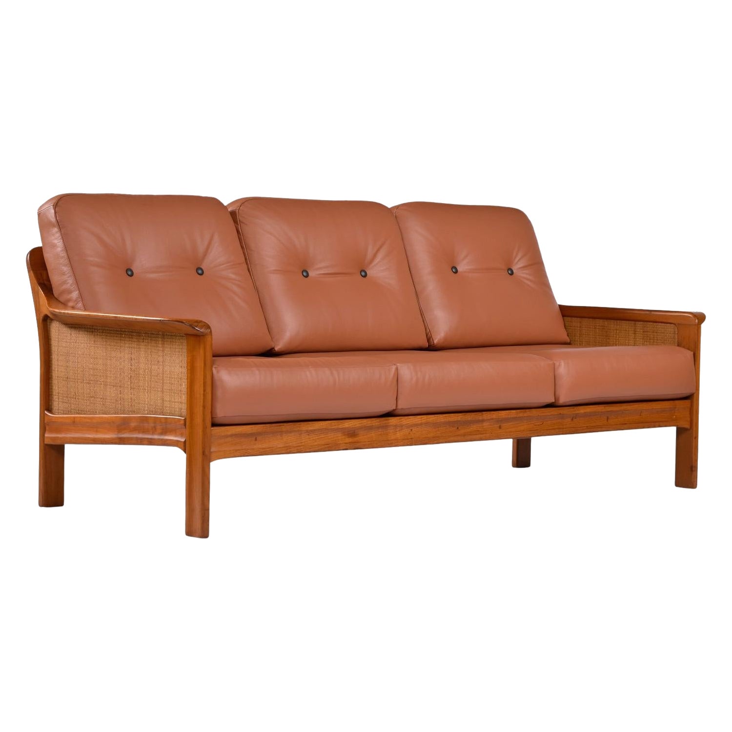 Tufted Leather Balinese Style Danish Modern Solid Teak and Cane Sofa