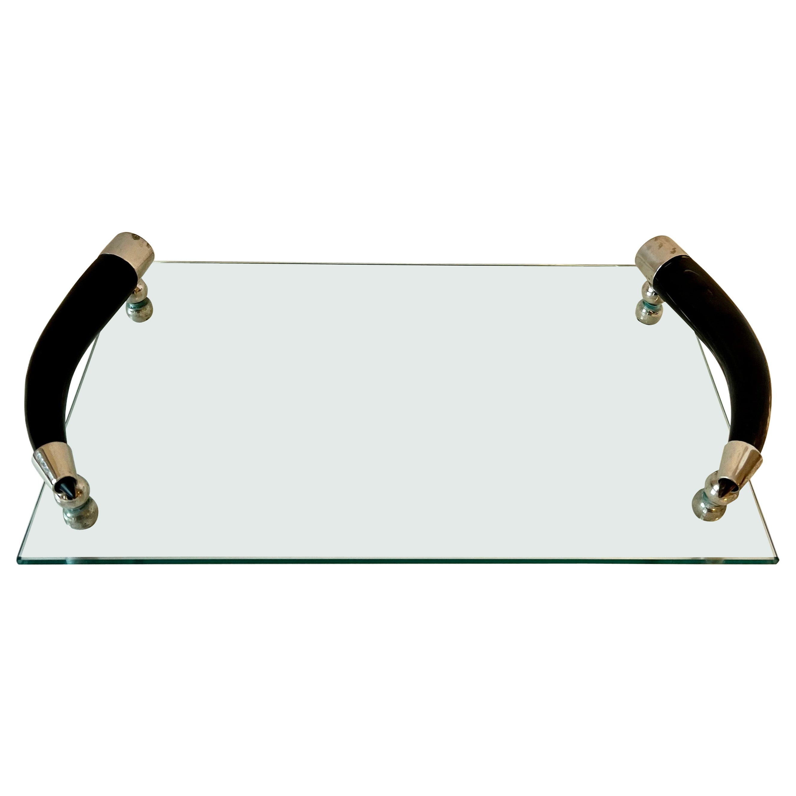 Rectangular Glass Tray with Bone Handles with Silver Plate Fittings and Feet For Sale