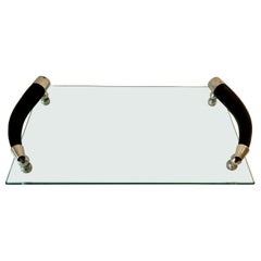 Rectangular Glass Tray with Bone Handles with Silver Plate Fittings and Feet