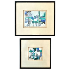 Vintage Pair of Gouache and Acrylic Modern Abstract Framed Artwork