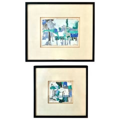 Pareja de obras de arte abstractas modernas enmarcadas en gouache y acrílico