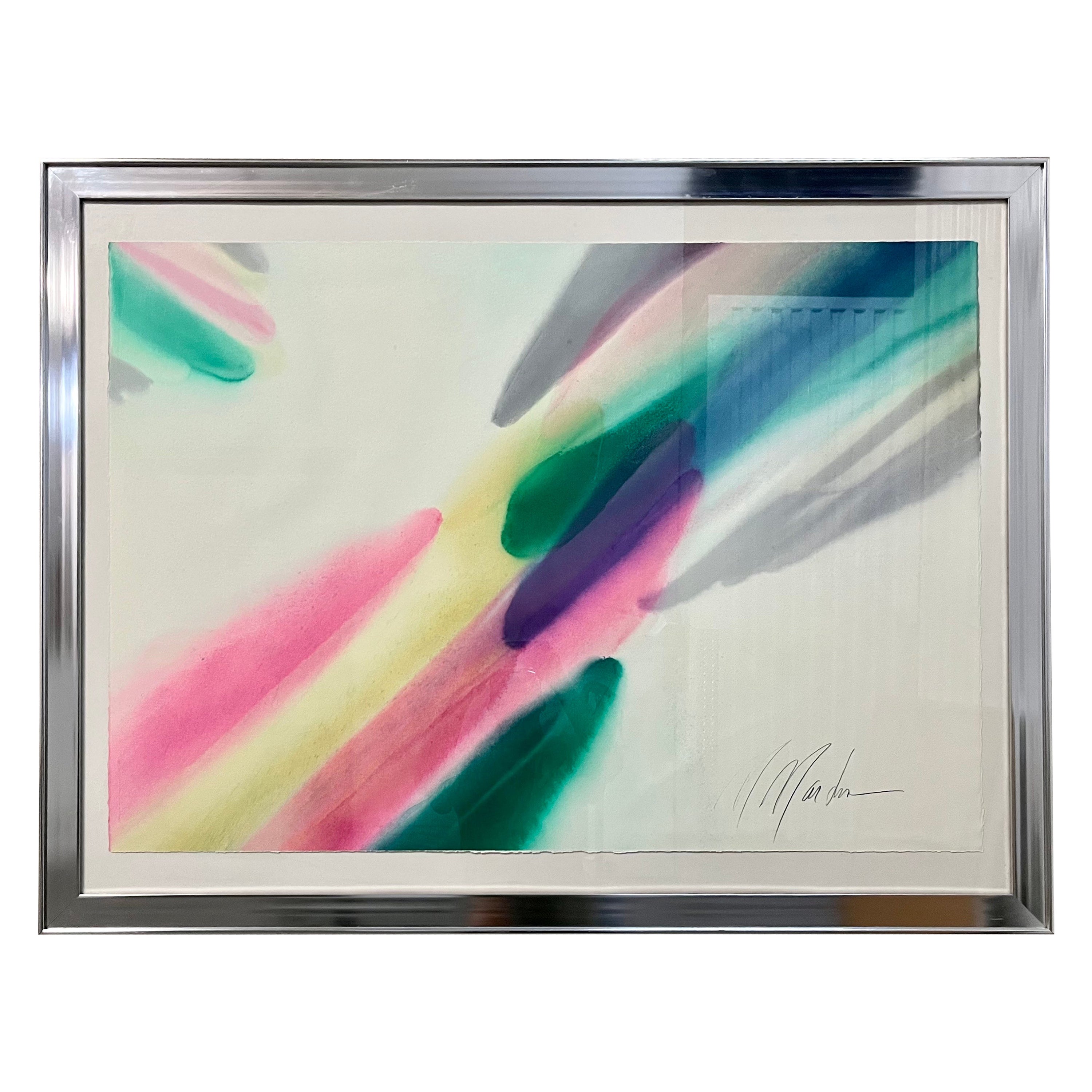 Peinture encadrée postmoderne aux couleurs délavées abstraites des années 1970, signée par l'artiste 