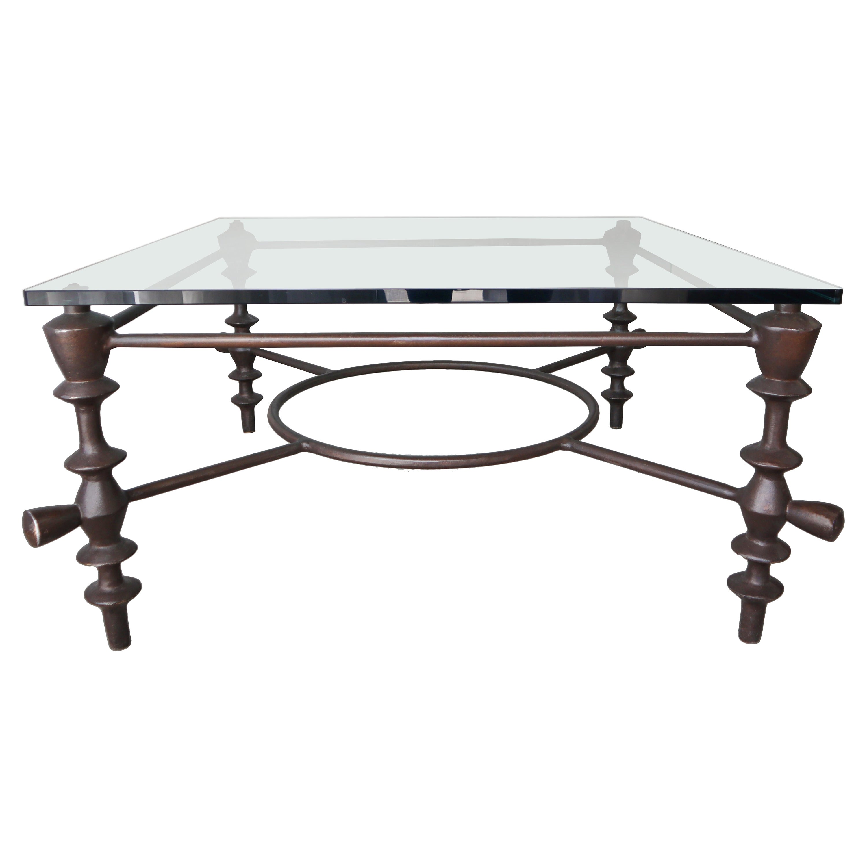 Giacometti Style Bronzed Finish and Glass Coffee Table For Sale