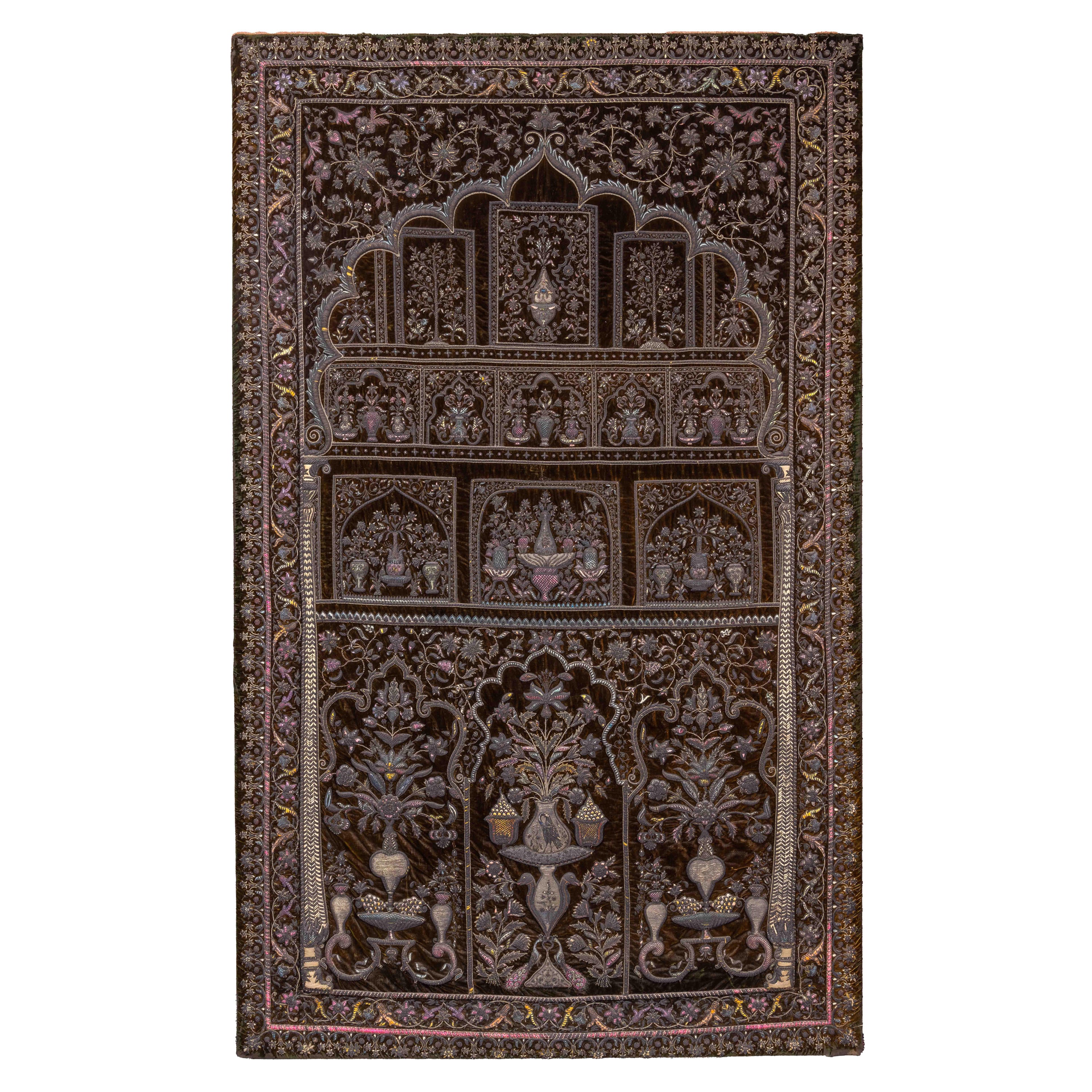 A Rare 18th Century Middle Eastern Silk and Silver Thread Green Velvet Tapestry For Sale