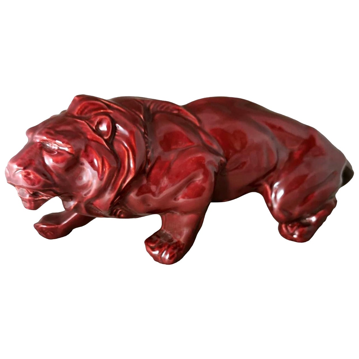 Art Deco Saint Clement Style French Lion In Red Glazed Ceramic.