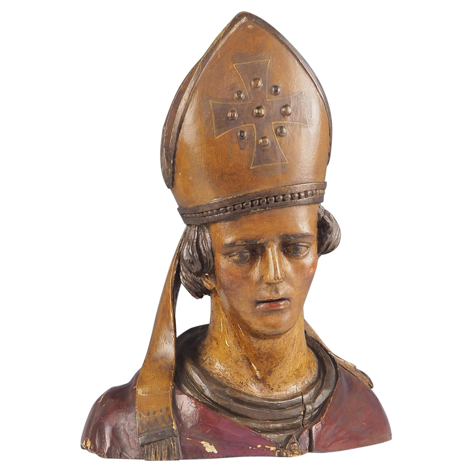 18th Century Bust of a Bishop finished in polychrome.   For Sale