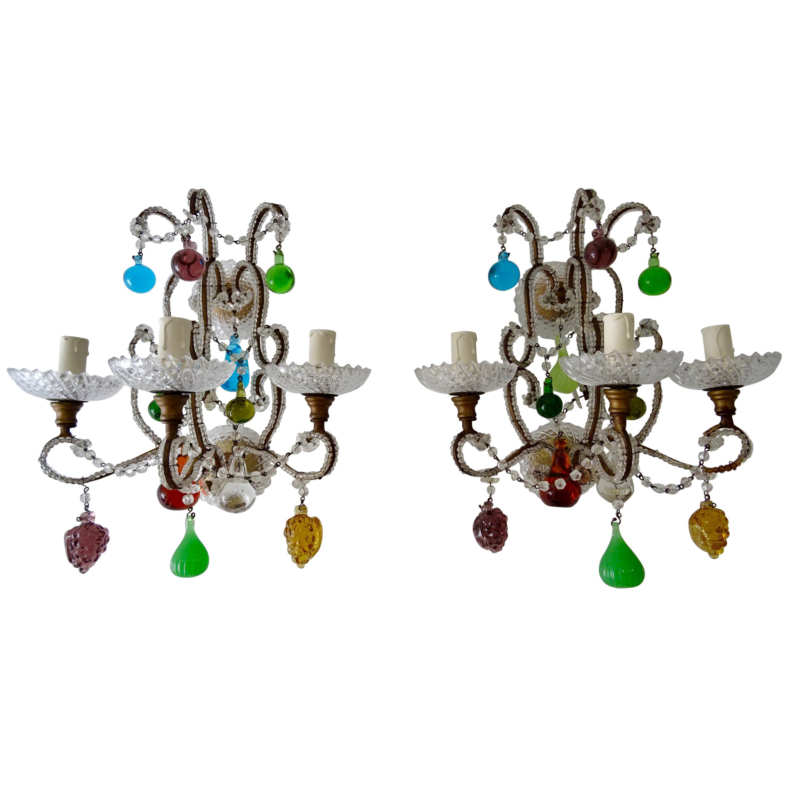 Italian Murano Fruit Colored Balls Crystal Beaded Sconces, circa 1930 RARE