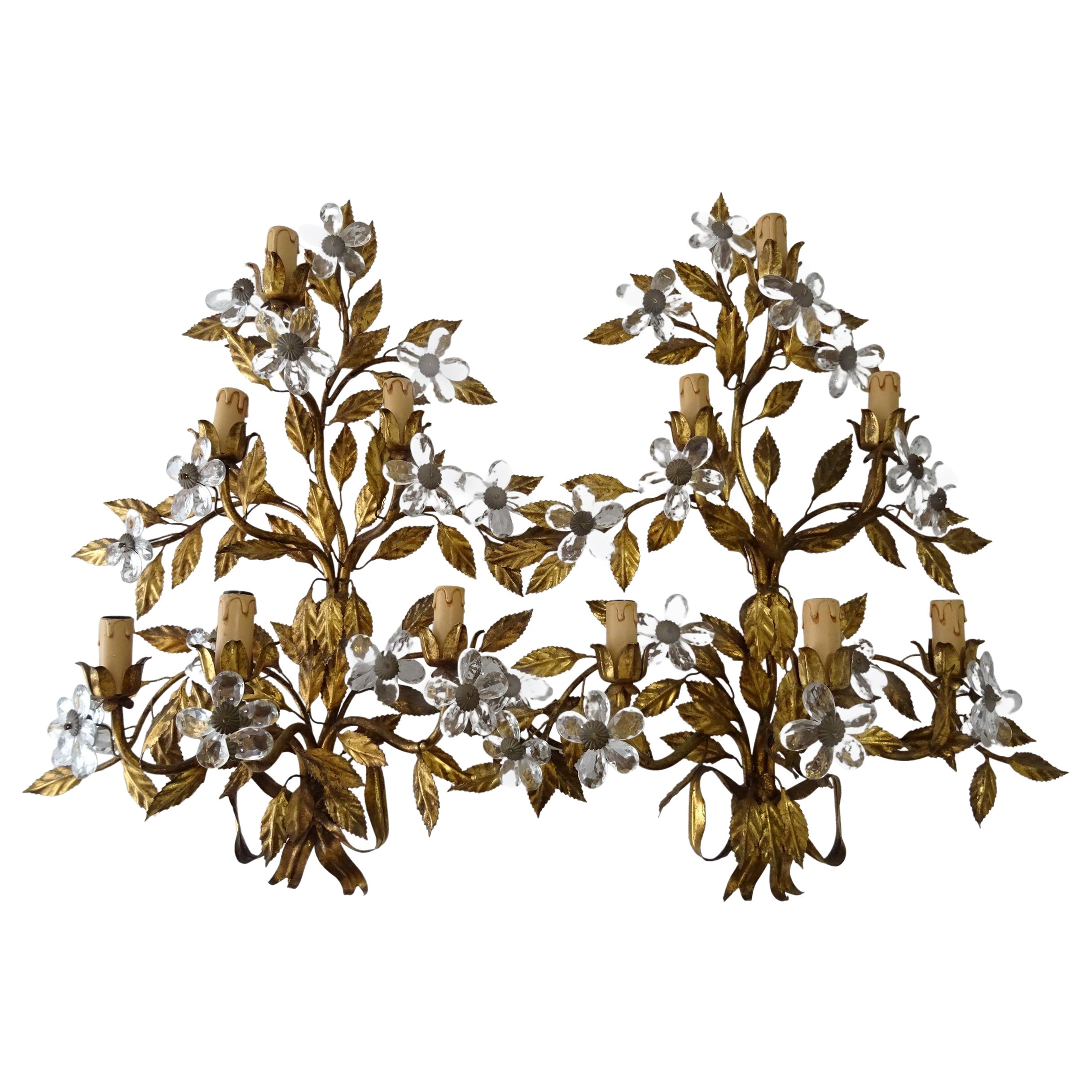  Maison Baguès Style 6 lights Crystal Flowers Tole Bow  Huge Sconces, circa 1920 For Sale