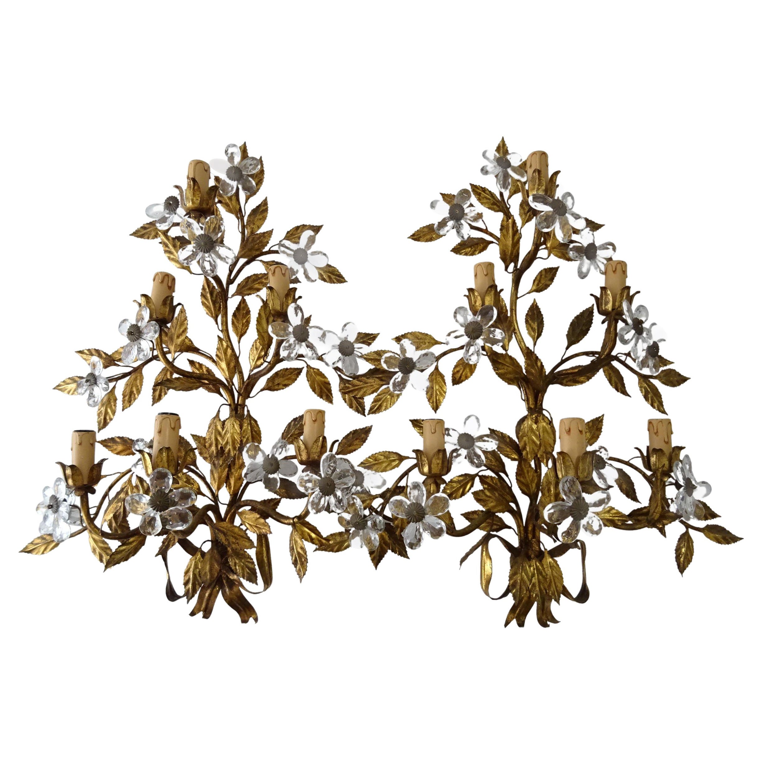Maison Baguès Style 6 Lichter Kristall Blumen Tole Schleife  Riesige Wandleuchter, um 1920